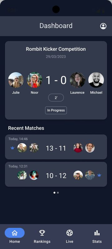Live score and Elo rating for the office foosball table, screen 1